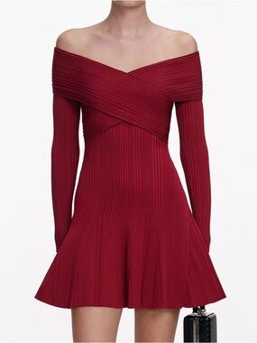 Self-Portrait One-Shoulder Ribbed Fit & Flare Dress - Burgundy